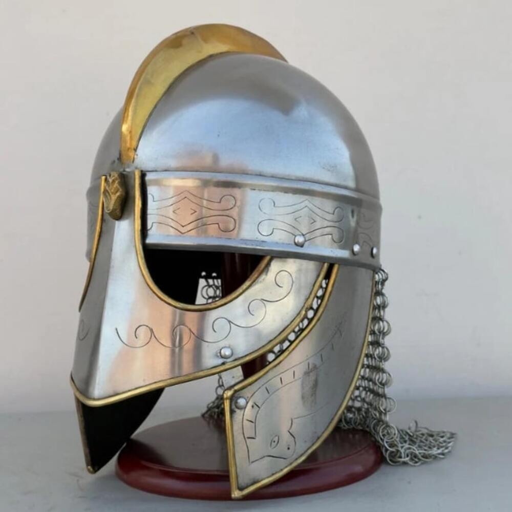 Viking wolf helmet: silver steel with gold accents, etched designs, and chainmail.