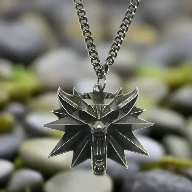 Viking darkened steel wolf necklace with colored stone eyes, Witcher inspired.