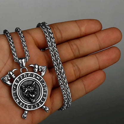 Viking Fenrir wolf necklace with twin axes, Vegvisir runes, and a silver-tone chain.
