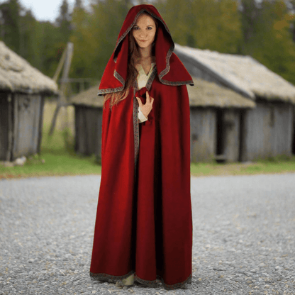 Viking red wool cloak with long hood and hand-stitched embroidery.
