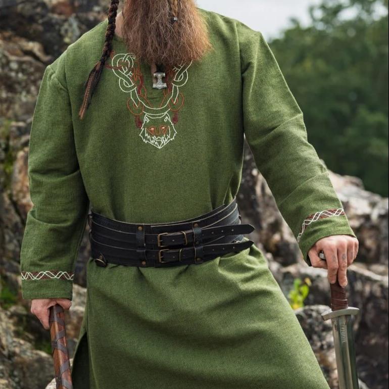 Green Viking Tunic with Fenrir Wolf Embroidery | Long Sleeve