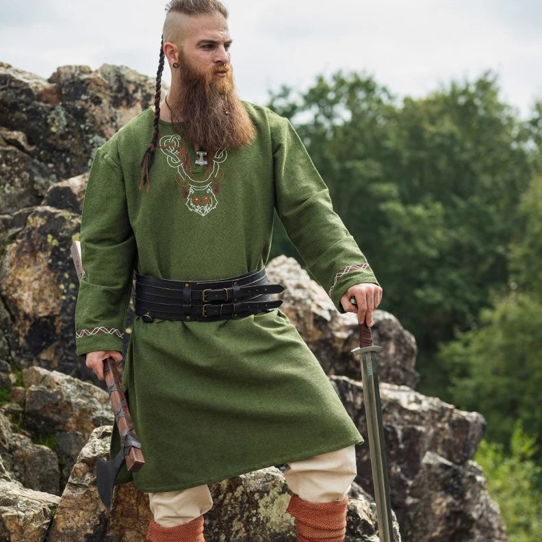 NEW Viking Tunic in Green Embroidered with Fenrir Wolf - Handmade and Hand Embroidered