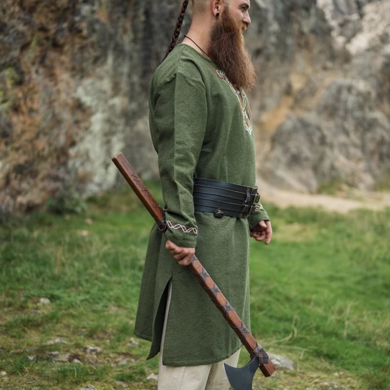Green Viking Tunic with Fenrir Wolf Embroidery | Long Sleeve