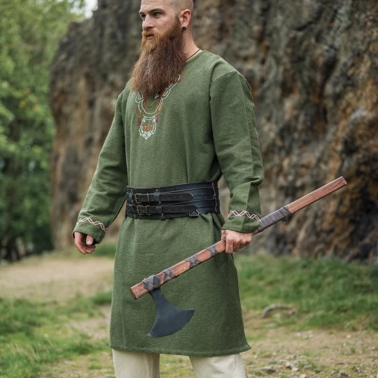 NEW Viking Tunic in Green Embroidered with Fenrir Wolf - Handmade and Hand Embroidered