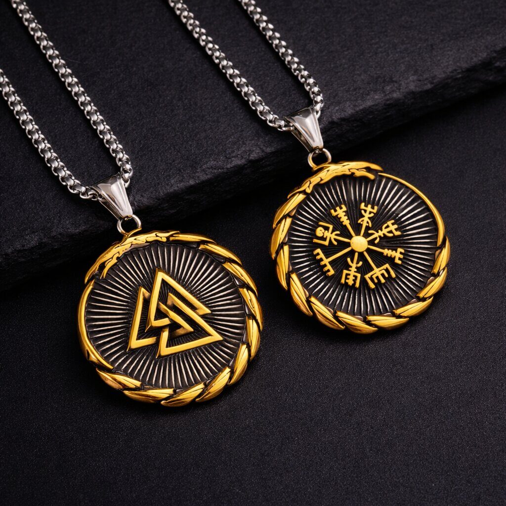 Viking Valknut Vegvisir Compass Necklace