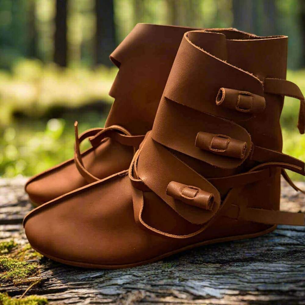 Handmade leather Viking shoes with wraparound straps, displayed on a mossy log in a forest clearing.