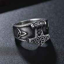 Viking vintage stainless steel ring with Mjolnir hammer and Celtic knot design.