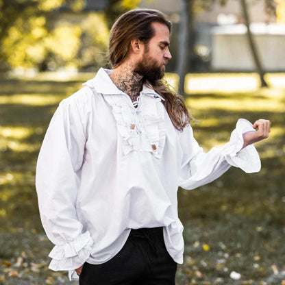 White Cotton Long Sleeve Viking Shirt | Ruffled Neckline & Wrists-3-Viking Warrior