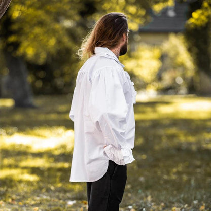 White Cotton Long Sleeve Viking Shirt | Ruffled Neckline & Wrists-4-Viking Warrior