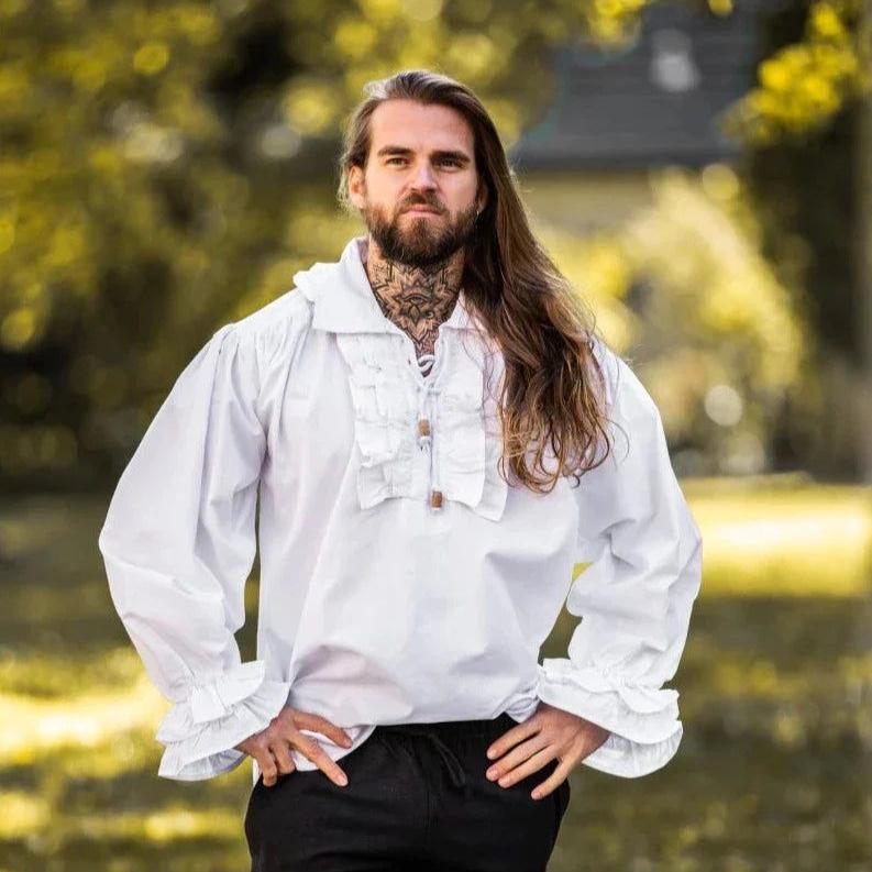 White Cotton Long Sleeve Viking Shirt | Ruffled Neckline & Wrists-5-Viking Warrior