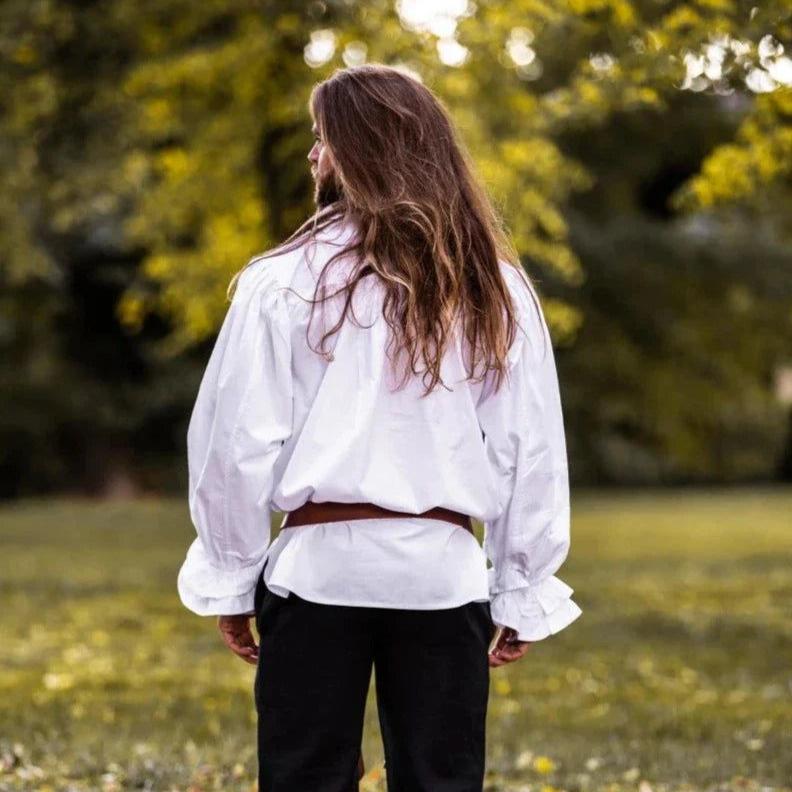 White Cotton Long Sleeve Viking Shirt | Ruffled Neckline & Wrists-6-Viking Warrior