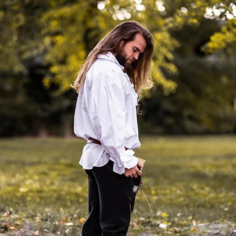 White Cotton Long Sleeve Viking Shirt | Ruffled Neckline & Wrists-7-Viking Warrior