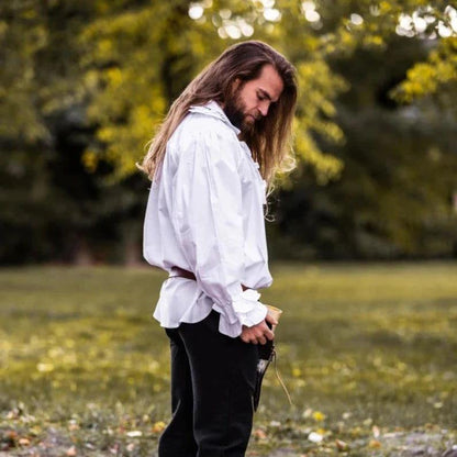 White Cotton Long Sleeve Viking Shirt | Ruffled Neckline & Wrists-7-Viking Warrior