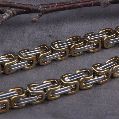 Gilt-Edged Wolf’s Head Thor’s Hammer Viking Mjolnir Necklace King's Chain - Gold & Steel