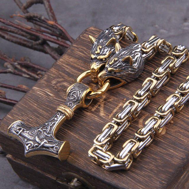 Gilt-Edged Wolf’s Head Thor’s Hammer Viking Mjolnir Necklace King's Chain - Gold & Steel