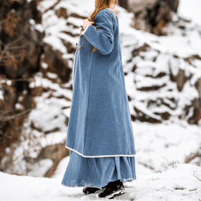 Women's Blue Wool Viking-Inspired Coat | Urnes Embroidery-7-Viking Warrior