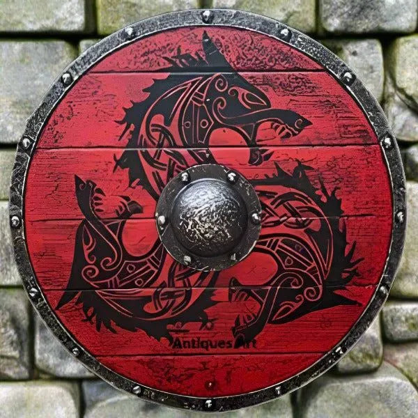 24" round Viking wooden shield with a red finish and black Fenrir wolf design.