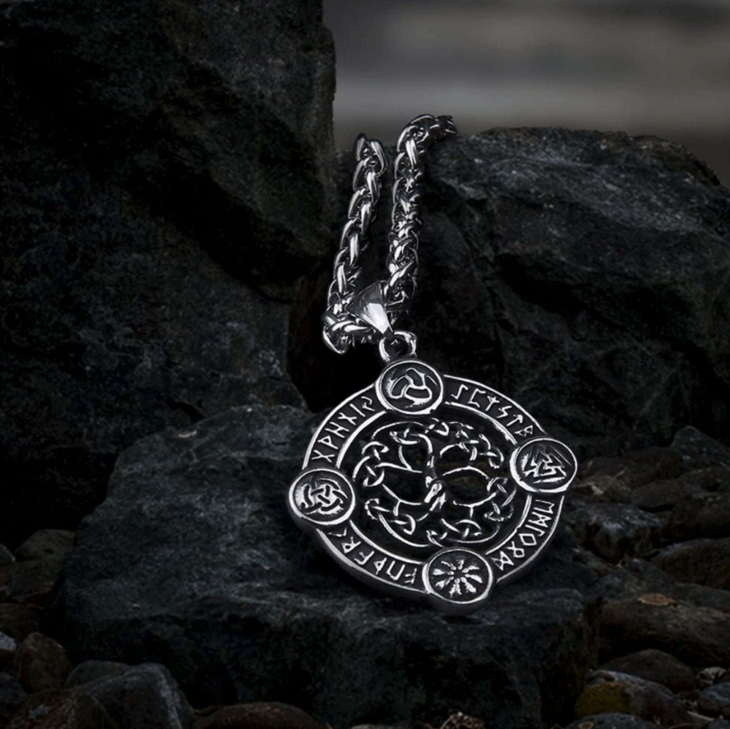 Viking Yggdrasil Tree of Life silver stainless steel talisman necklace with runic symbols.