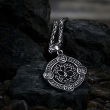 Viking Yggdrasil Tree of Life silver stainless steel talisman necklace with runic symbols.
