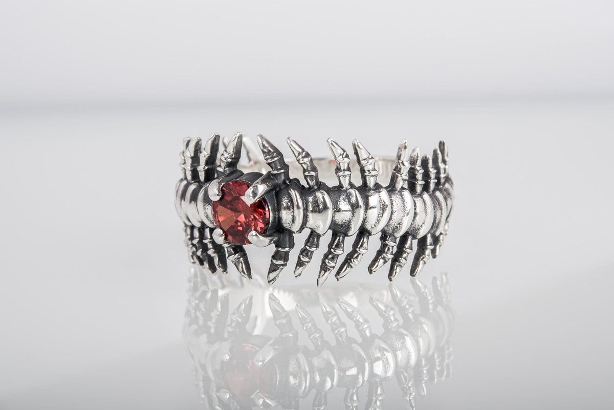 Backbone Ring with Garnet Sterling Silver Handcrafted Unique Jewelry-10