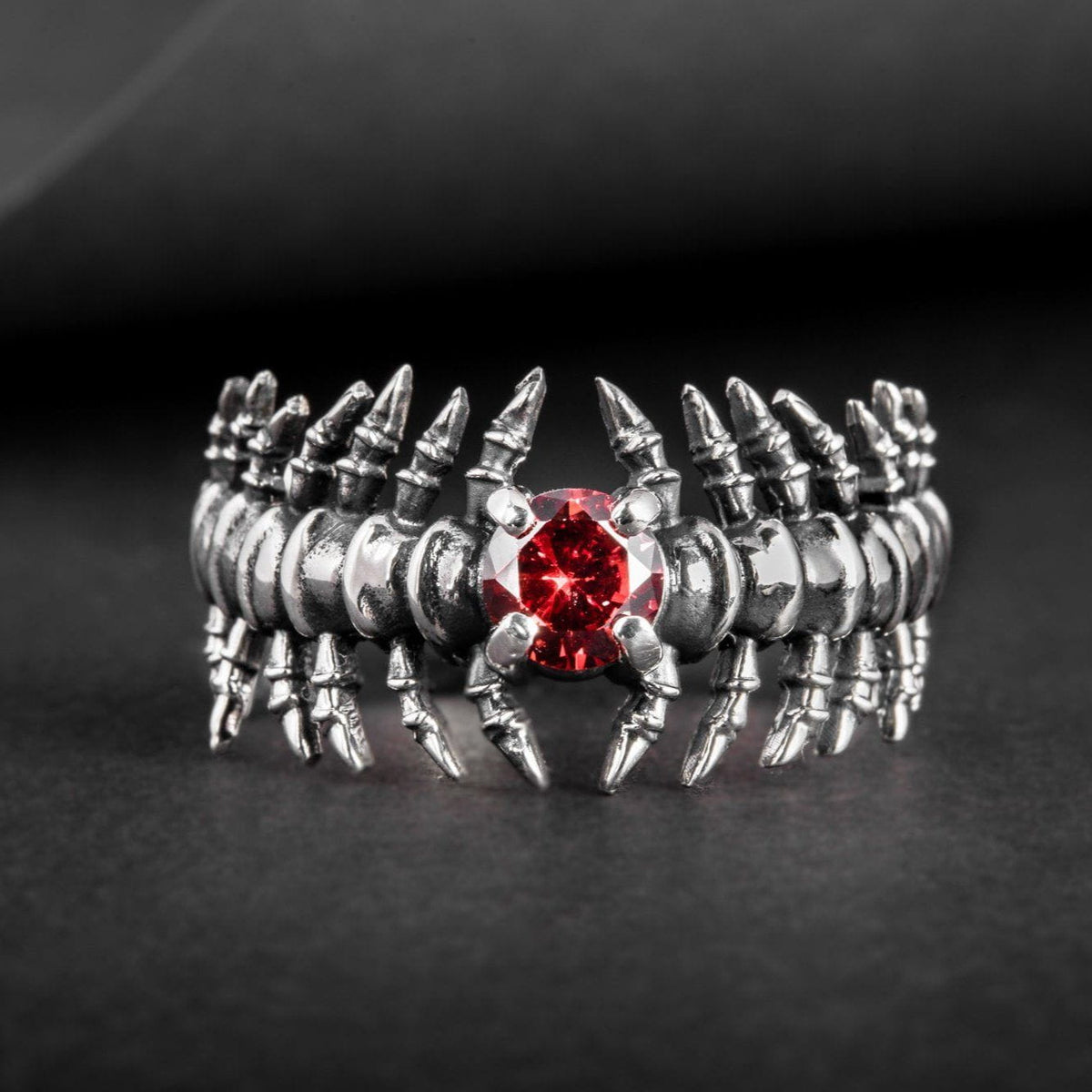 Backbone Ring with Garnet Sterling Silver Handcrafted Unique Jewelry-1