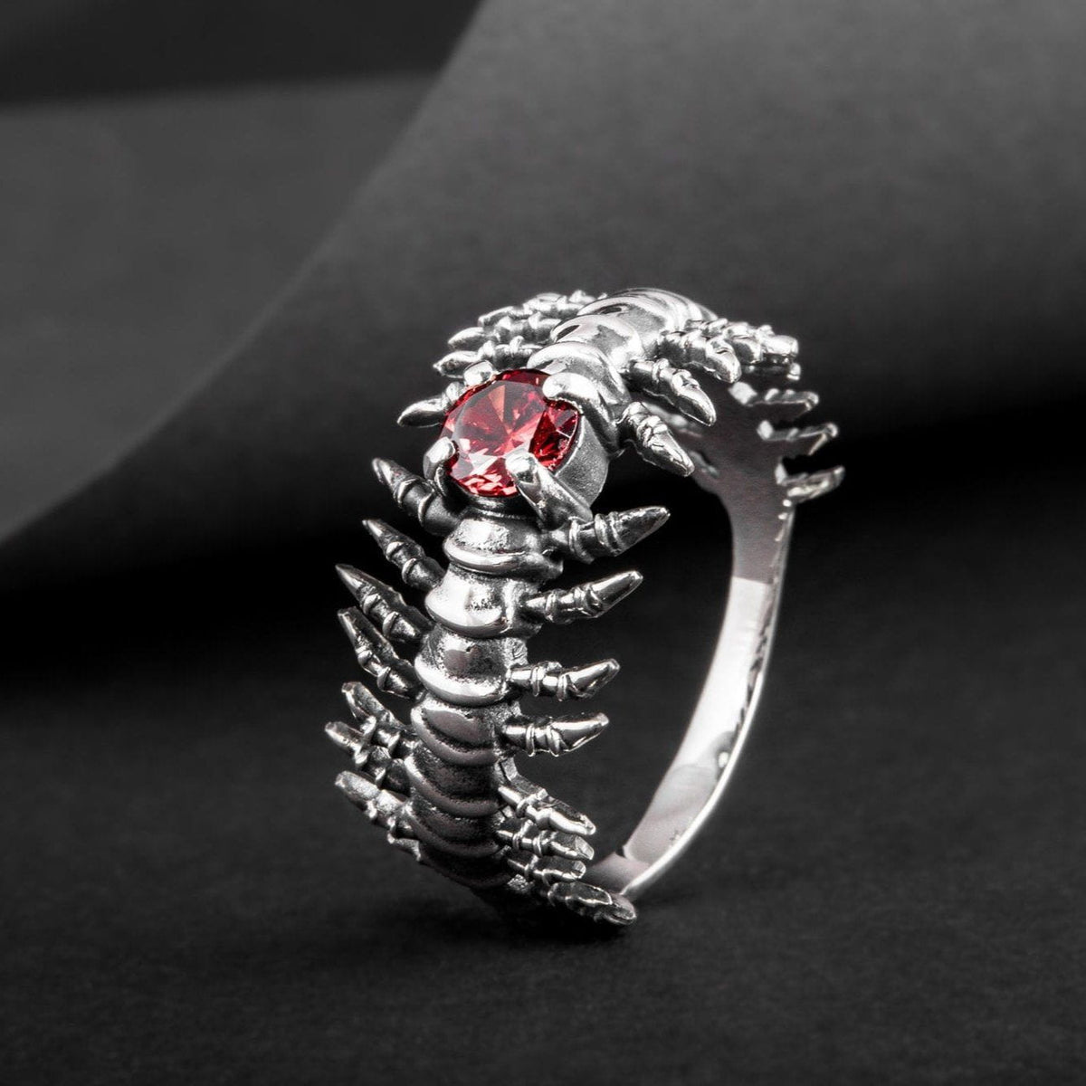 Backbone Ring with Garnet Sterling Silver Handcrafted Unique Jewelry-2
