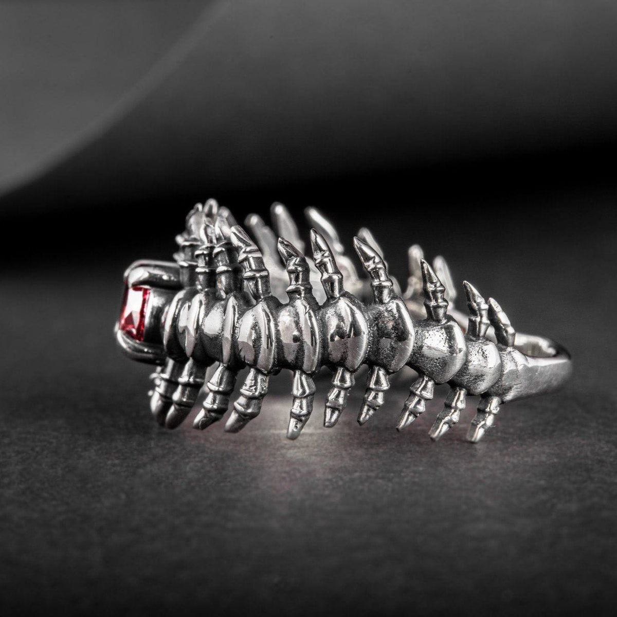 Backbone Ring with Garnet Sterling Silver Handcrafted Unique Jewelry-3
