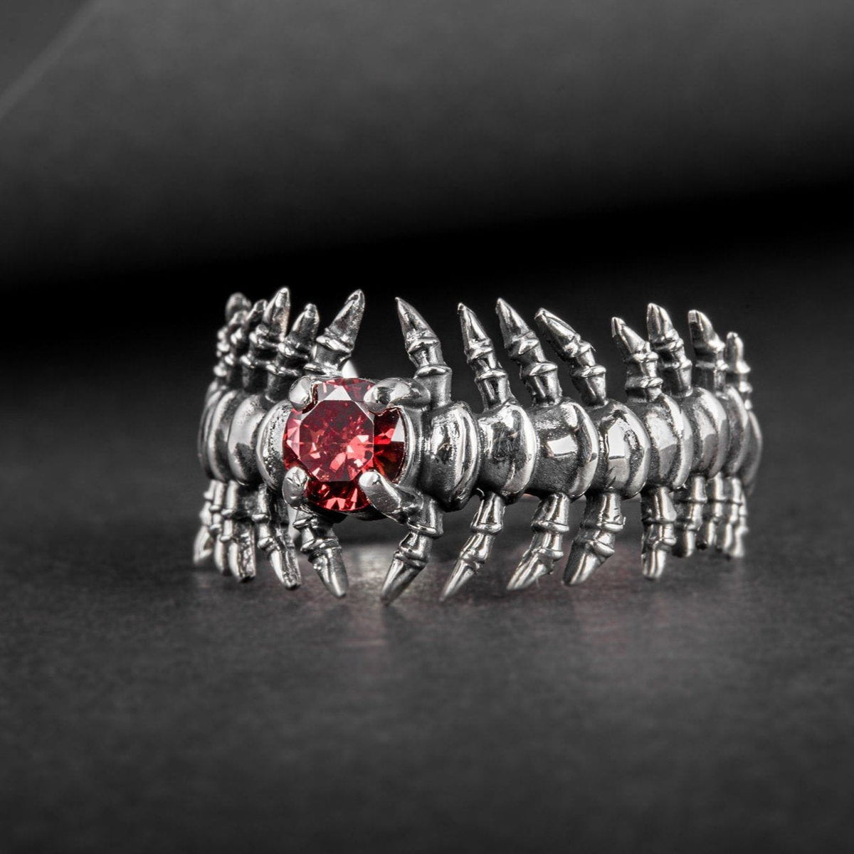 Backbone Ring with Garnet Sterling Silver Handcrafted Unique Jewelry-4