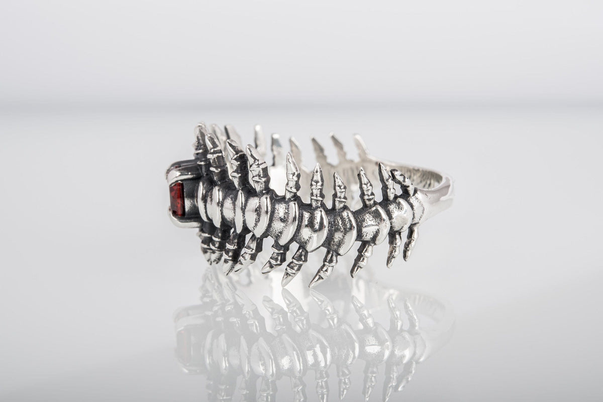 Backbone Ring with Garnet Sterling Silver Handcrafted Unique Jewelry-6