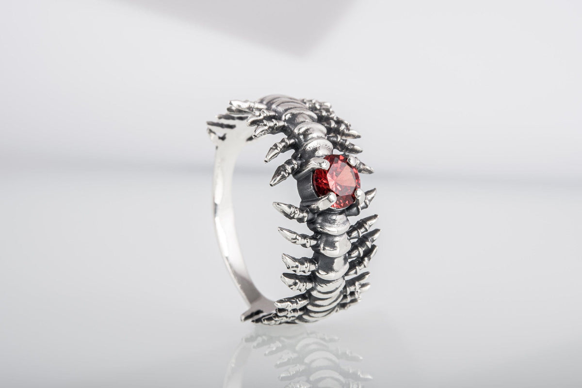 Backbone Ring with Garnet Sterling Silver Handcrafted Unique Jewelry-7