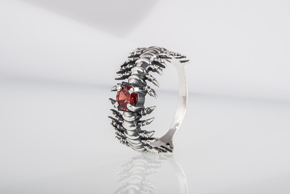 Backbone Ring with Garnet Sterling Silver Handcrafted Unique Jewelry-8