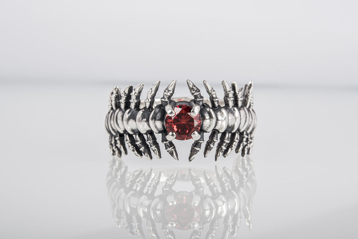 Backbone Ring with Garnet Sterling Silver Handcrafted Unique Jewelry-9