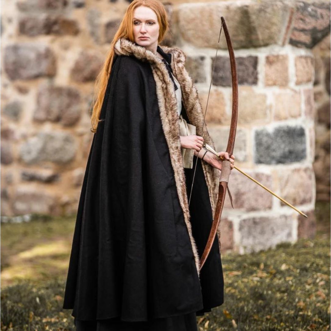 Black Hooded Viking Cloak or Cape With Faux Fur for Women 