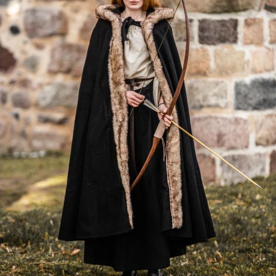 Black Hooded Viking Cloak With Faux Fur