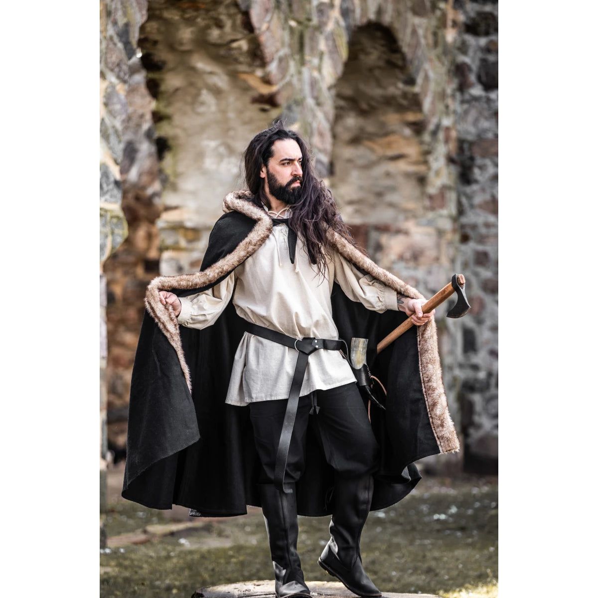 Black Hooded Viking Cloak or Cape With Faux Fur For Men 