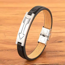 Black Leather Nordic Tyr Bracelet | Engraved Arrow Plate