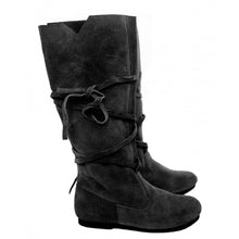 Pair of black suede Viking wrap-tied boots with soft texture and long laces wrapped around mid-calf.