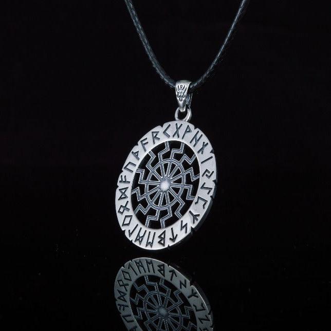 Black Sun Symbol with Elder Futhark Runes Sterling Silver Pendant-1