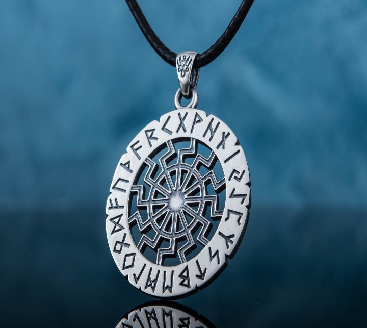 Black Sun Symbol with Elder Futhark Runes Sterling Silver Pendant-2