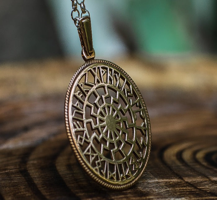 Black Sun Symbol with Runic Calendar Bronze Pendant-1