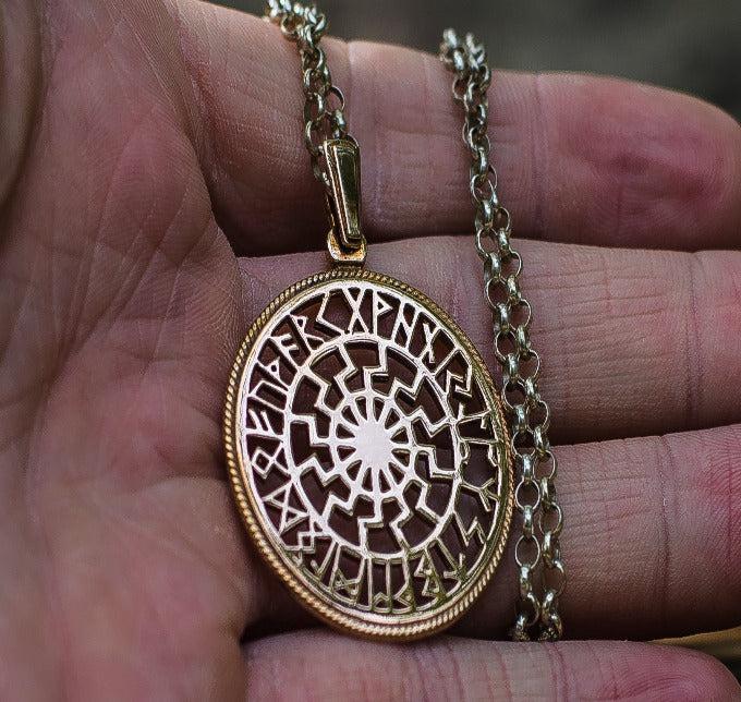 Black Sun Symbol with Runic Calendar Bronze Pendant-4