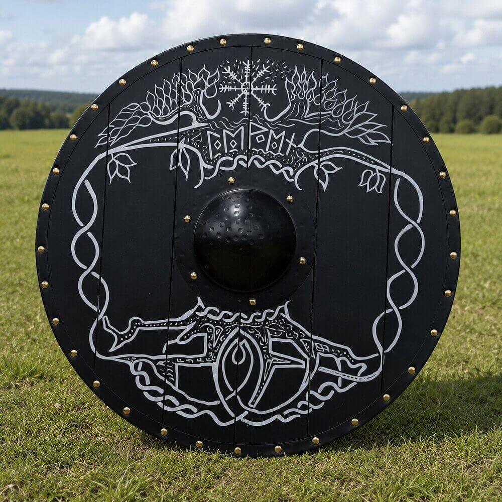 Black Viking round shield 22-inch with white Yggdrasil world tree, Helm of Awe, and Runes design – brass rivets and metal boss on grass field