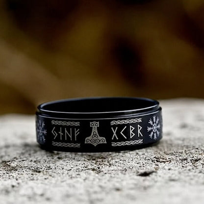 Black Viking Spinner Ring | Valknut, Vegvisir & Runes