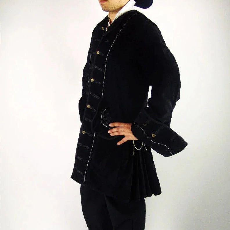 Black with Red Trim Long Velvet Frock Coat | Wide Rolled Sleeves