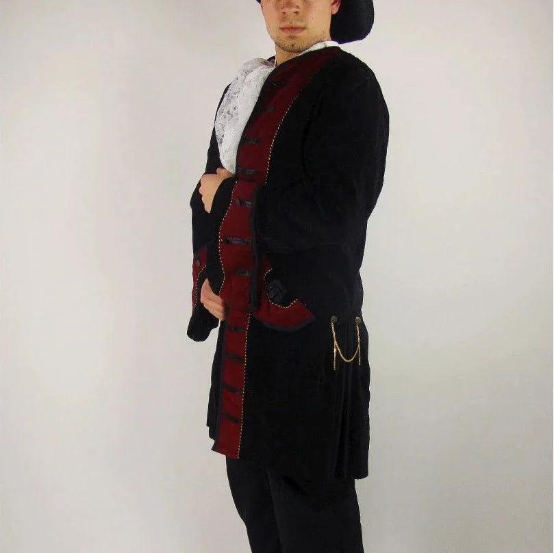 Black with Red Trim Long Velvet Frock Coat | Wide Rolled Sleeves