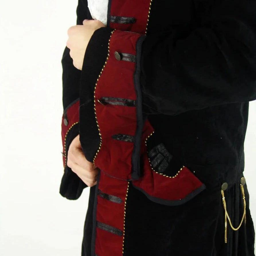 Black with Red Trim Long Velvet Frock Coat | Wide Rolled Sleeves