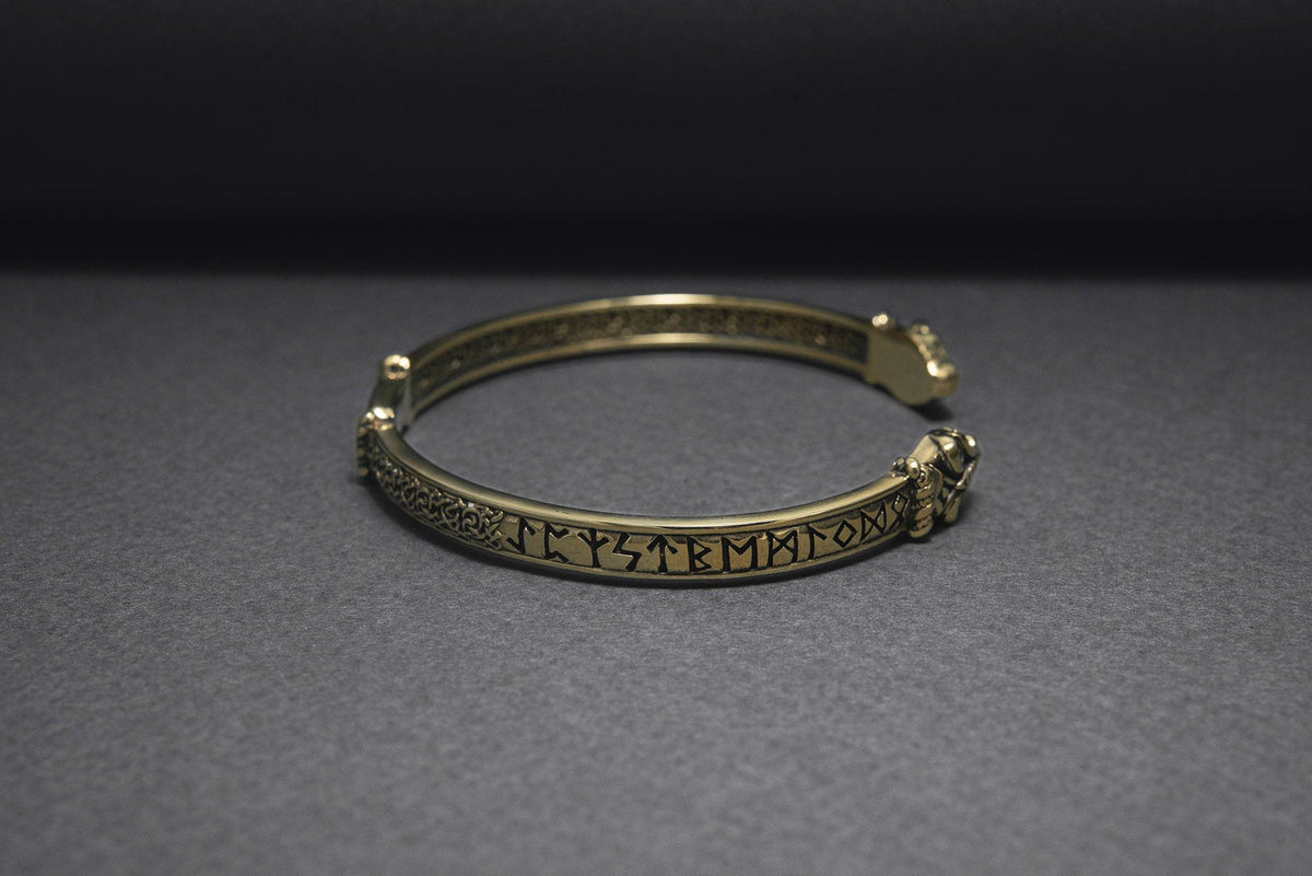 Bronze Jormungandr Viking Bracelet with Elder Futhark Runes