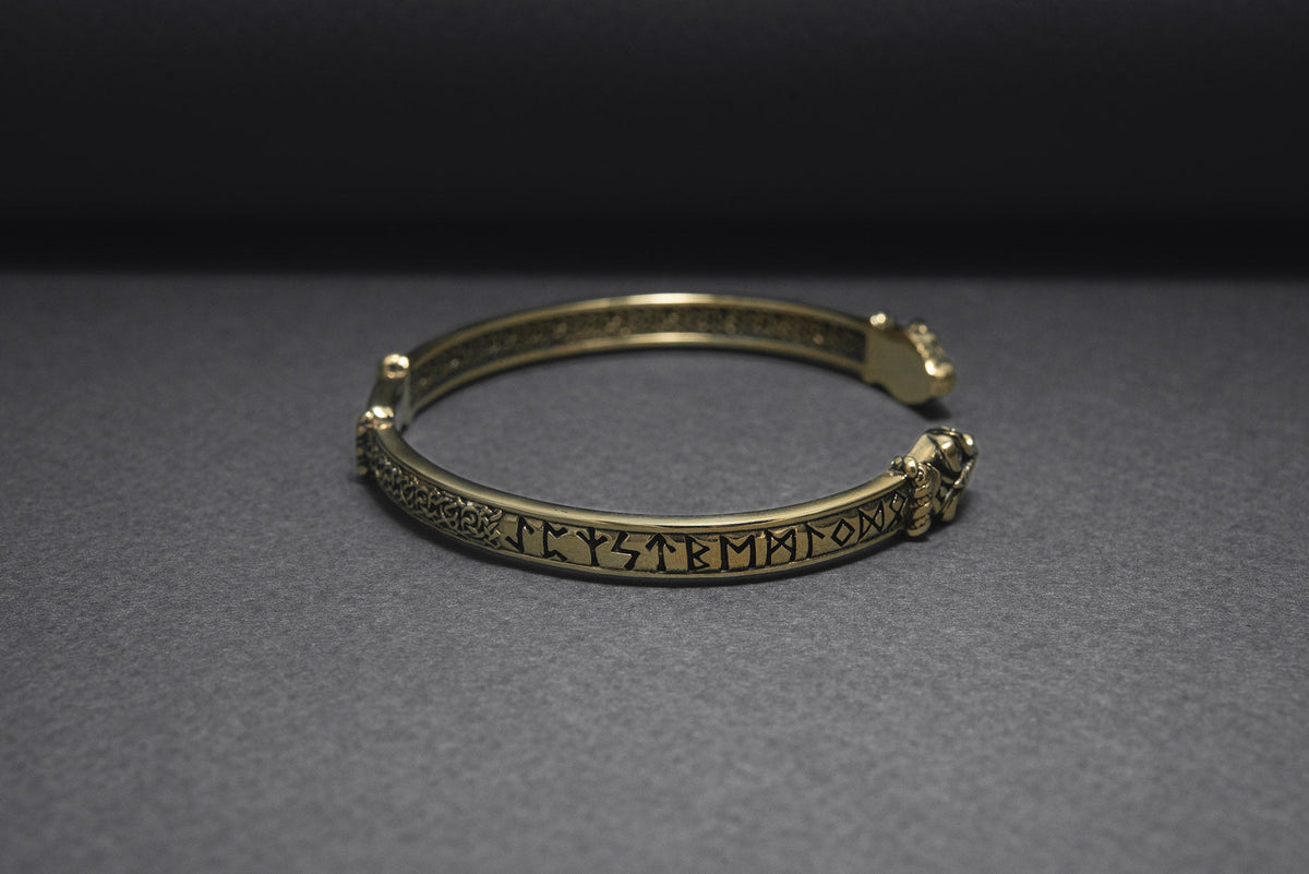 Bronze Jormungandr Viking Bracelet with Elder Futhark Runes