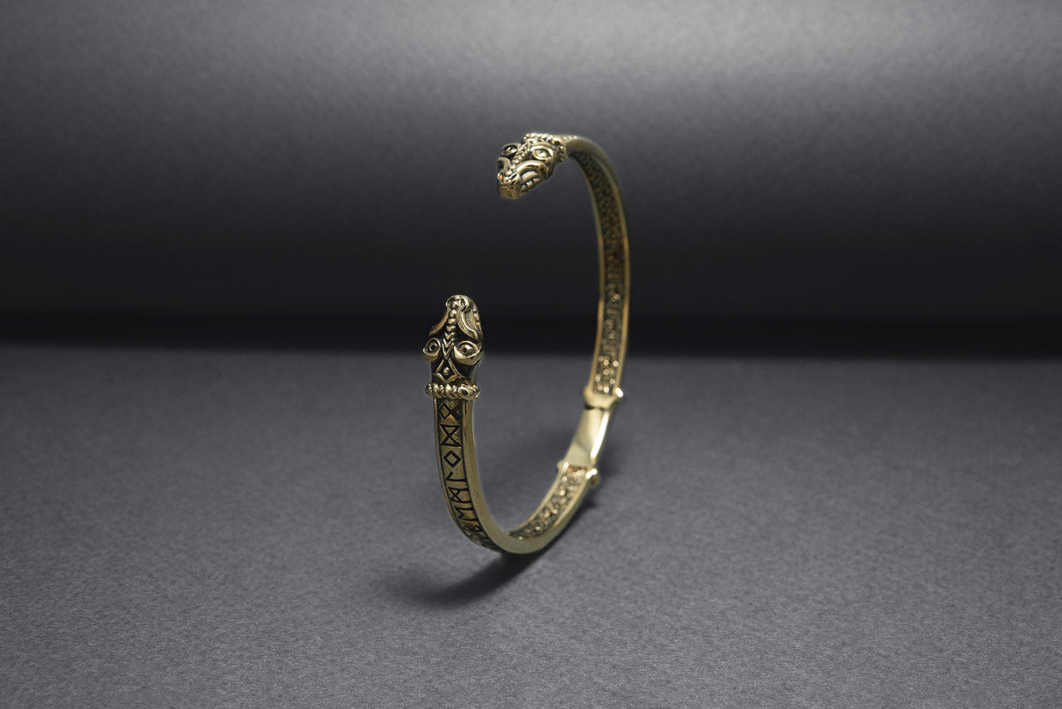 Bronze Jormungandr Viking Bracelet with Elder Futhark Runes-6