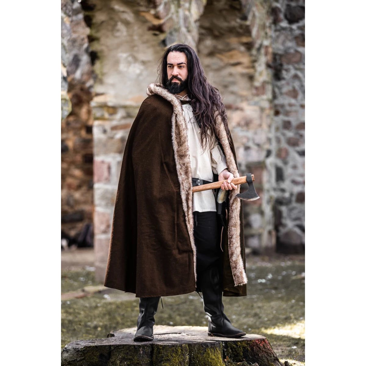 Brown Hooded Viking Cape With Faux Fur